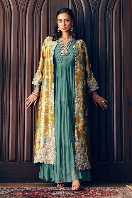 Khushboo Bagri_Yellow Chiffon, Brocade Pearls, Cut Work, Banarasi Jacquard Gown And Jacket _Online_at_Aza_Fashions