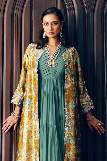 Buy_Khushboo Bagri_Yellow Chiffon, Brocade Pearls, Cut Work, Banarasi Jacquard Gown And Jacket _Online_at_Aza_Fashions