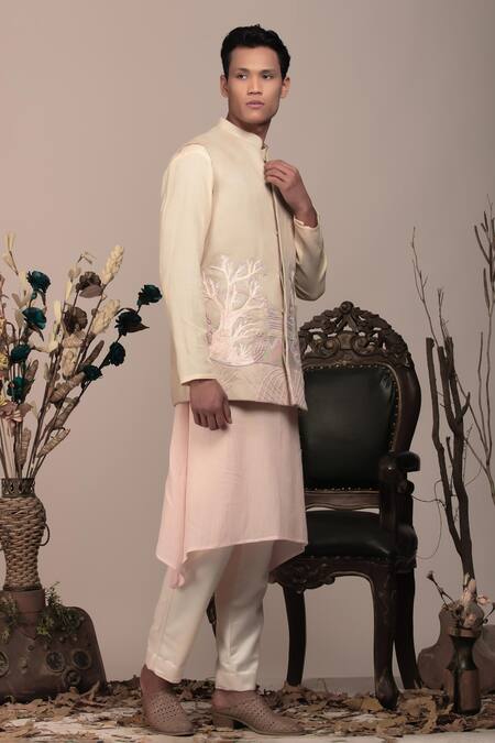 Beejoliyo_White Cotton Nature Inspired Embroidery Tree Nehru Jacket Set _Online_at_Aza_Fashions