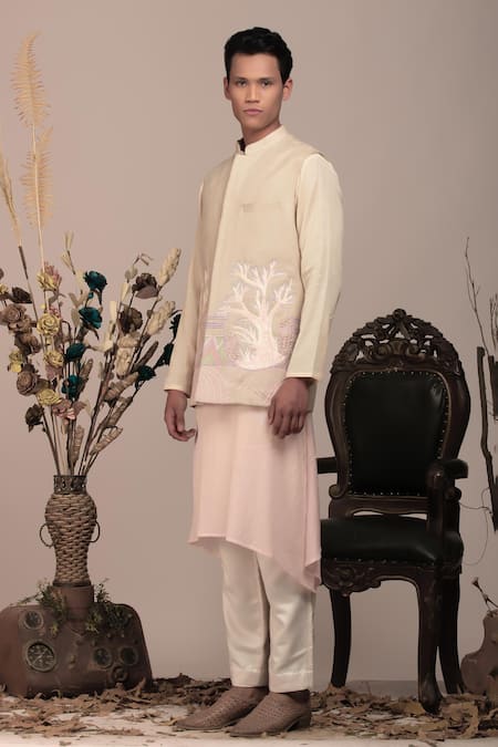 Buy_Beejoliyo_White Cotton Nature Inspired Embroidery Tree Nehru Jacket Set _Online_at_Aza_Fashions