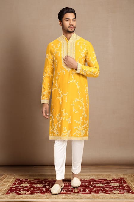 Kalighata Yellow Chanderi Embroidery Floral Mustard Kurta Set