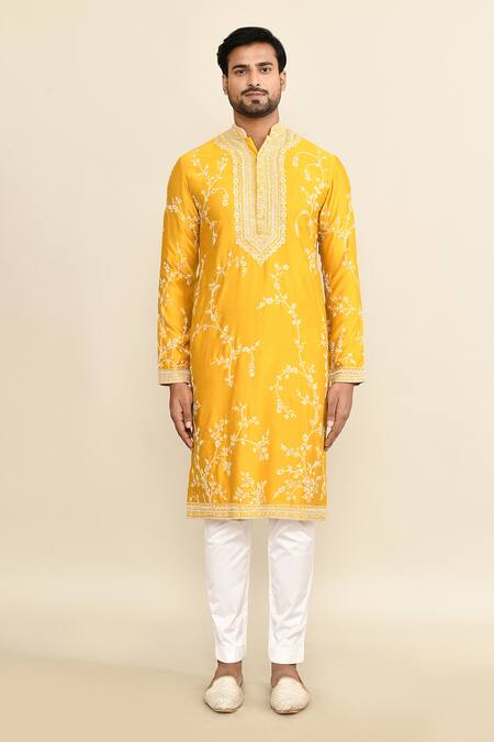 Buy_Kalighata_Yellow Chanderi Embroidery Floral Mustard Kurta Set _Online_at_Aza_Fashions