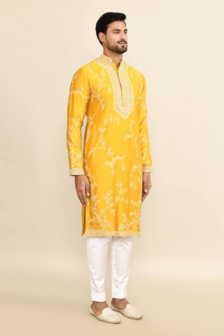 Shop_Kalighata_Yellow Chanderi Embroidery Floral Mustard Kurta Set _Online_at_Aza_Fashions