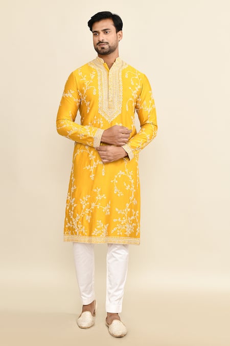 Kalighata_Yellow Chanderi Embroidery Floral Mustard Kurta Set _at_Aza_Fashions