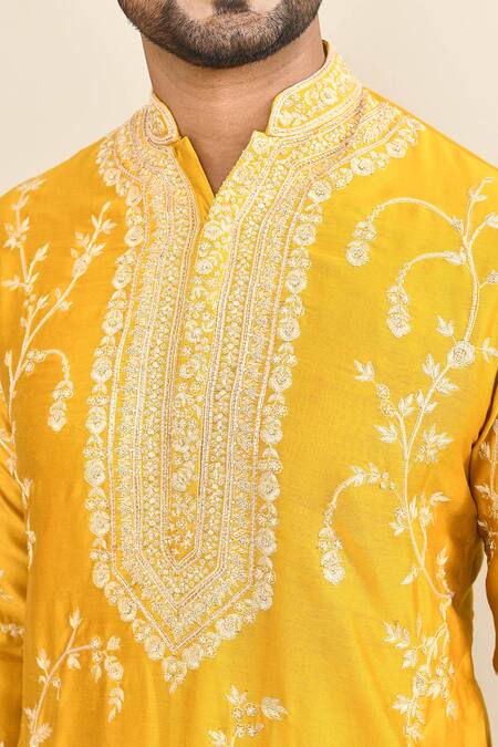 Buy_Kalighata_Yellow Chanderi Embroidery Floral Mustard Kurta Set 