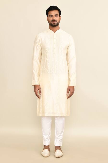 Buy_Kalighata_Ivory Chanderi Embroidery Floral Kurta Set _Online_at_Aza_Fashions