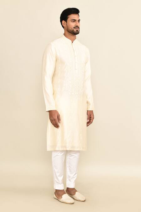 Shop_Kalighata_Ivory Chanderi Embroidery Floral Kurta Set _Online_at_Aza_Fashions