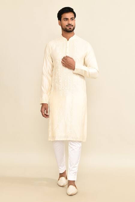 Kalighata_Ivory Chanderi Embroidery Floral Kurta Set _at_Aza_Fashions