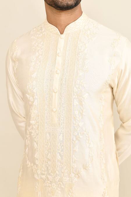 Shop_Kalighata_Ivory Chanderi Embroidery Floral Kurta Set 