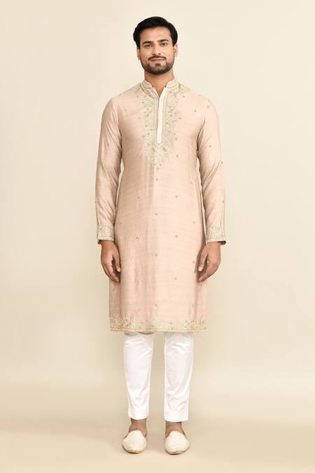 Buy_Kalighata_Gold Chanderi Embroidery Floral Kurta Set _Online_at_Aza_Fashions