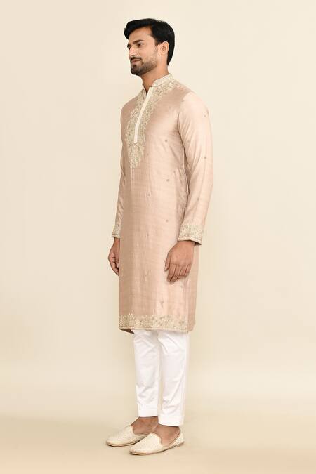 Shop_Kalighata_Gold Chanderi Embroidery Floral Kurta Set _Online_at_Aza_Fashions