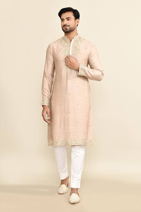 Kalighata_Gold Chanderi Embroidery Floral Kurta Set _at_Aza_Fashions