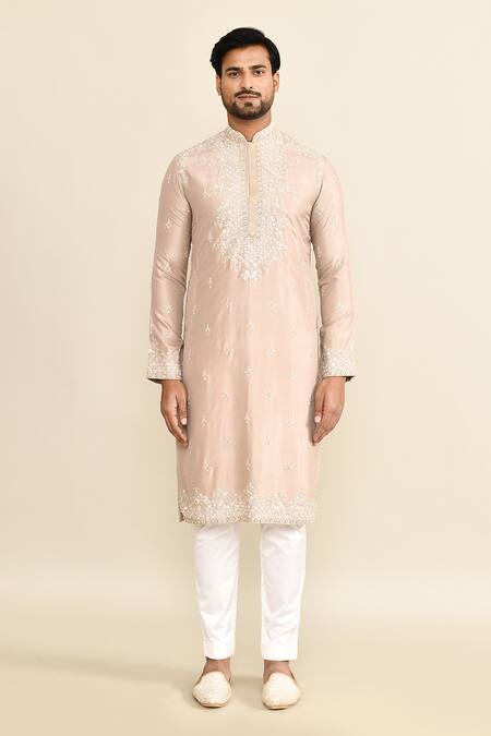 Buy_Kalighata_Pink Chanderi Embroidery Floral Kurta Set _Online_at_Aza_Fashions