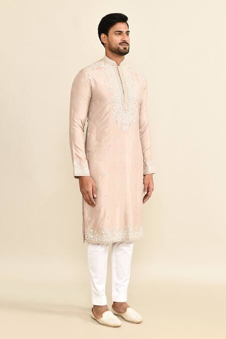Shop_Kalighata_Pink Chanderi Embroidery Floral Kurta Set _Online_at_Aza_Fashions