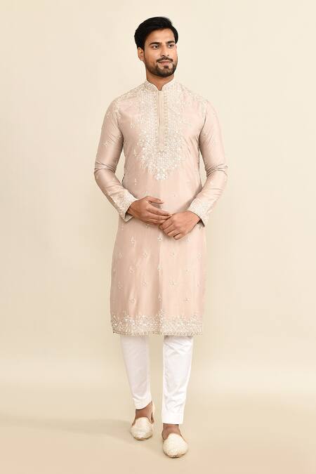 Kalighata_Pink Chanderi Embroidery Floral Kurta Set _at_Aza_Fashions