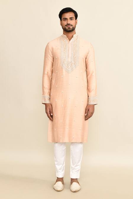 Buy_Kalighata_Peach Chanderi Embroidery Floral Butti Kurta Set _Online_at_Aza_Fashions