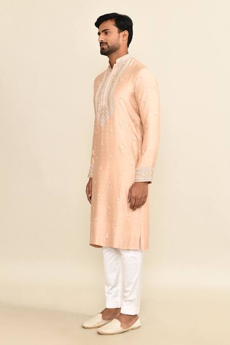Shop_Kalighata_Peach Chanderi Embroidery Floral Butti Kurta Set _Online_at_Aza_Fashions