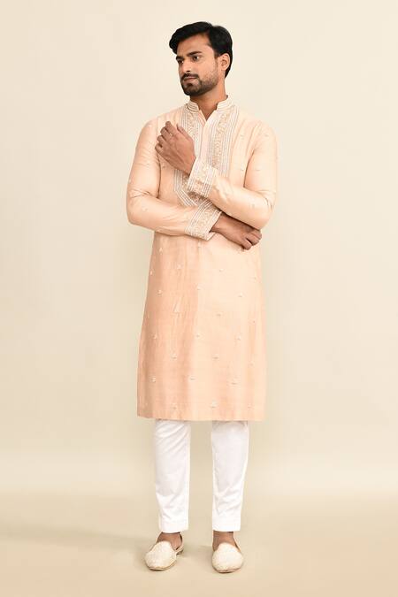 Kalighata_Peach Chanderi Embroidery Floral Butti Kurta Set _at_Aza_Fashions