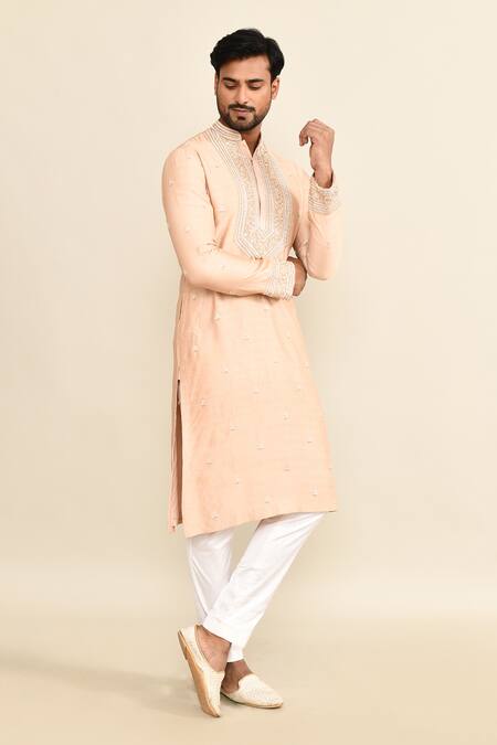 Buy_Kalighata_Peach Chanderi Embroidery Floral Butti Kurta Set 