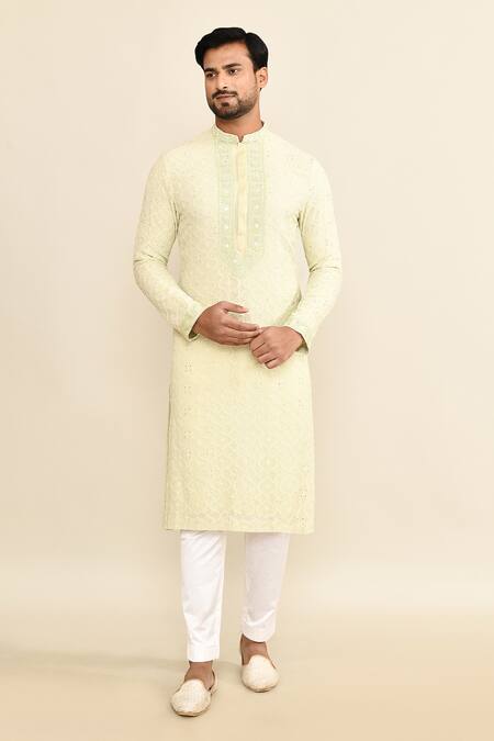 Kalighata_Green Embroidery Mint Kurta Set _Online_at_Aza_Fashions