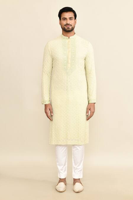 Buy_Kalighata_Green Embroidery Mint Kurta Set _Online_at_Aza_Fashions