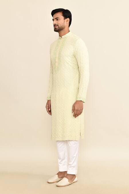 Shop_Kalighata_Green Embroidery Mint Kurta Set _Online_at_Aza_Fashions