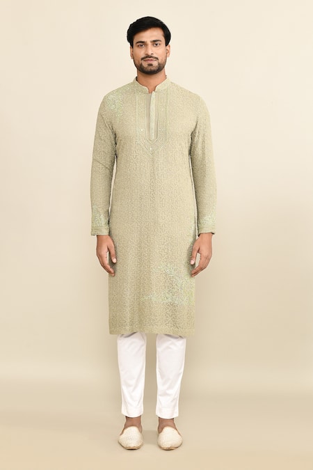 Buy_Kalighata_Green Embroidery Olive Kurta Set _Online_at_Aza_Fashions