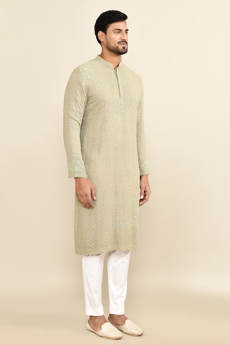 Shop_Kalighata_Green Embroidery Olive Kurta Set _Online_at_Aza_Fashions