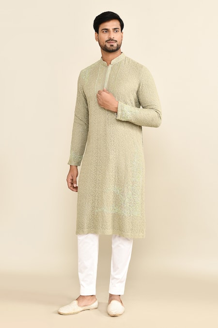 Kalighata_Green Embroidery Olive Kurta Set _at_Aza_Fashions