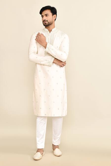 Kalighata_Ivory Chanderi Embroidery Butti Kurta Set _Online_at_Aza_Fashions