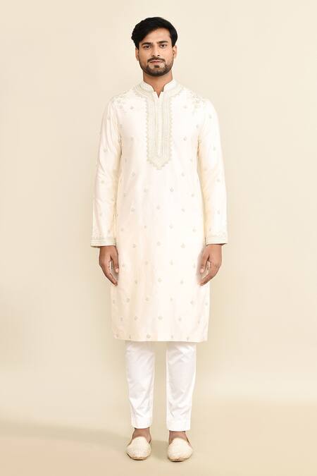 Buy_Kalighata_Ivory Chanderi Embroidery Butti Kurta Set _Online_at_Aza_Fashions