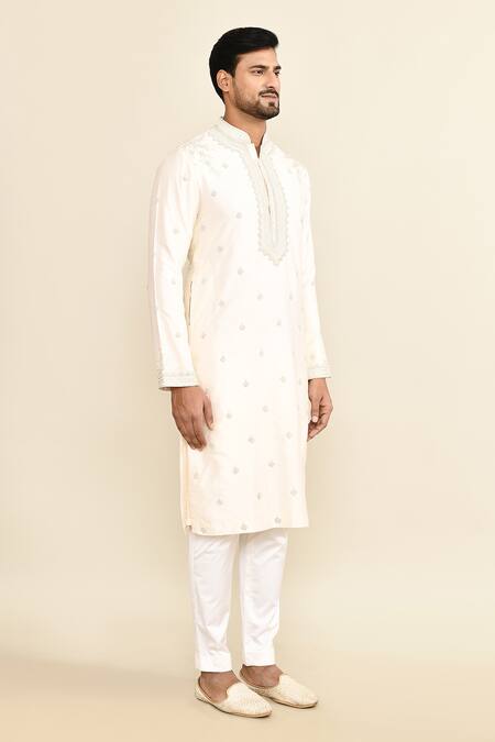 Shop_Kalighata_Ivory Chanderi Embroidery Butti Kurta Set _Online_at_Aza_Fashions