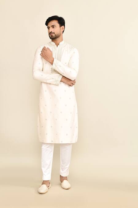 Kalighata_Ivory Chanderi Embroidery Butti Kurta Set _at_Aza_Fashions