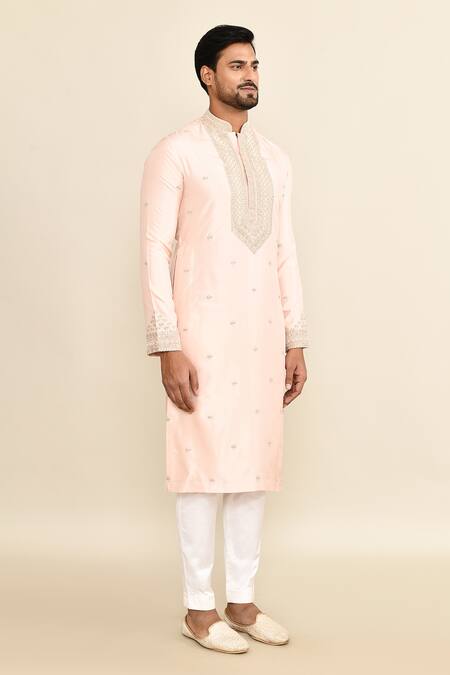 Shop_Kalighata_Pink Chanderi Embroidery Butti Kurta Set With Pant _Online_at_Aza_Fashions