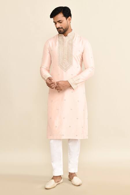 Kalighata_Pink Chanderi Embroidery Butti Kurta Set With Pant _at_Aza_Fashions