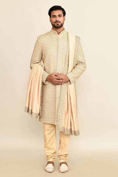 Shop_Kalighata_Beige Silk Sequins, Cut Work Quatrefoil Embroidered Sherwani Set _Online_at_Aza_Fashions