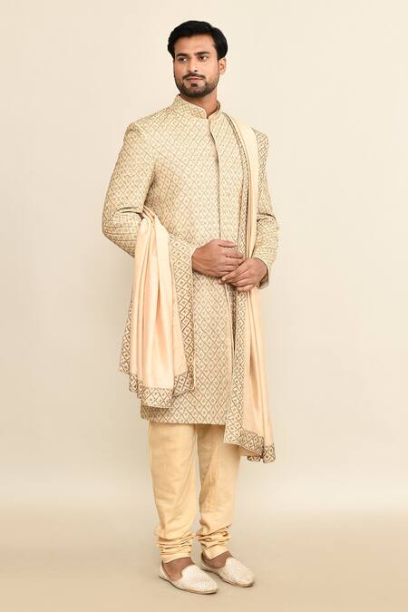Kalighata_Beige Silk Sequins, Cut Work Quatrefoil Embroidered Sherwani Set _at_Aza_Fashions