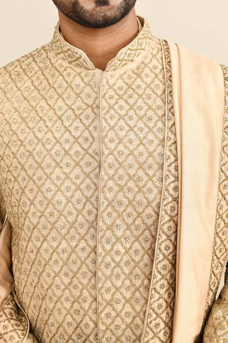 Buy_Kalighata_Beige Silk Sequins, Cut Work Quatrefoil Embroidered Sherwani Set 
