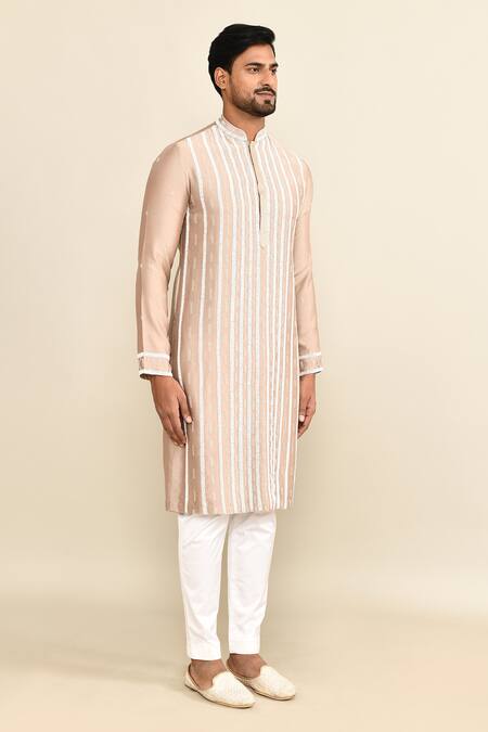 Shop_Kalighata_Gold Chanderi Embroidery Geometric Kurta Set _Online_at_Aza_Fashions