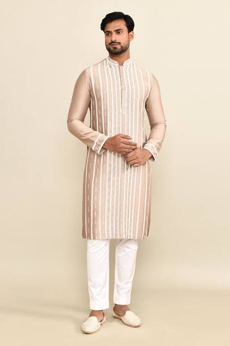 Kalighata_Gold Chanderi Embroidery Geometric Kurta Set _at_Aza_Fashions