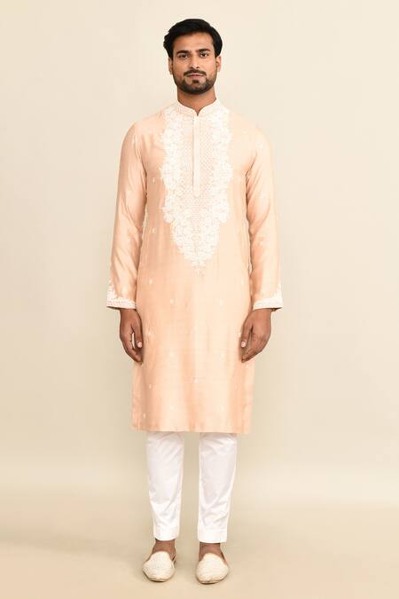 Buy_Kalighata_Peach Chanderi Embroidery Floral Kurta Set _Online_at_Aza_Fashions
