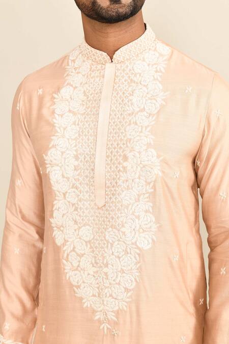 Kalighata_Peach Chanderi Embroidery Floral Kurta Set _at_Aza_Fashions