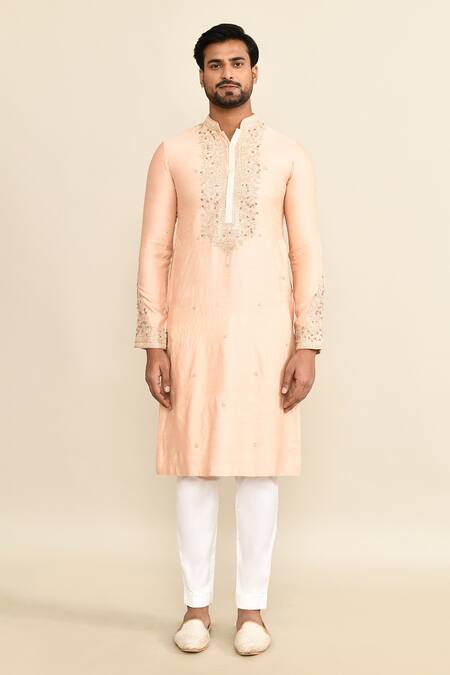 Buy_Kalighata_Peach Chanderi Embroidery Floral Kurta Set With Pant _Online_at_Aza_Fashions