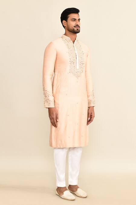 Shop_Kalighata_Peach Chanderi Embroidery Floral Kurta Set With Pant _Online_at_Aza_Fashions