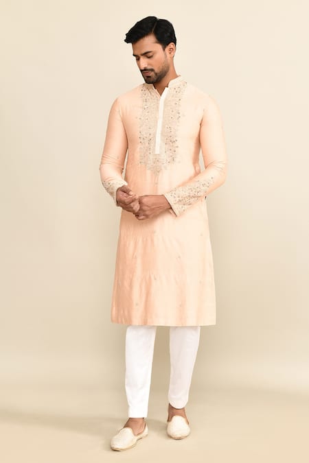 Kalighata_Peach Chanderi Embroidery Floral Kurta Set With Pant _at_Aza_Fashions