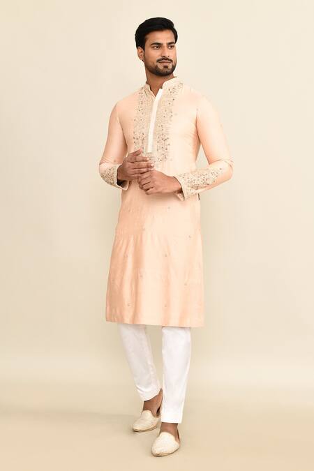 Buy_Kalighata_Peach Chanderi Embroidery Floral Kurta Set With Pant 