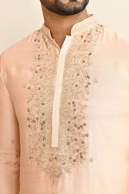 Shop_Kalighata_Peach Chanderi Embroidery Floral Kurta Set With Pant 