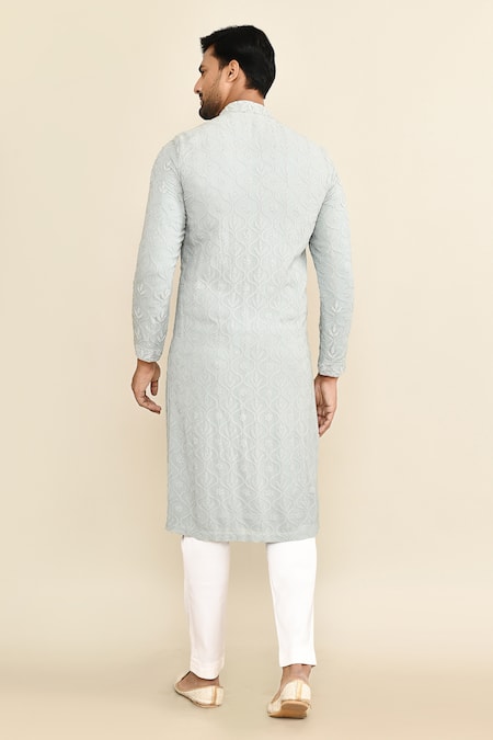 Shop_Kalighata_Blue Embroidery Kurta Set _at_Aza_Fashions