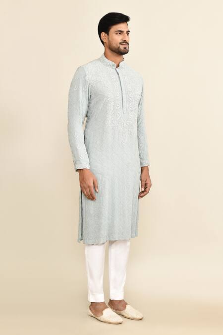 Shop_Kalighata_Blue Embroidery Kurta Set _Online_at_Aza_Fashions