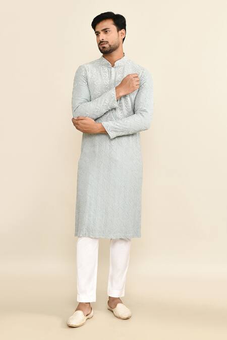 Kalighata_Blue Embroidery Kurta Set _at_Aza_Fashions